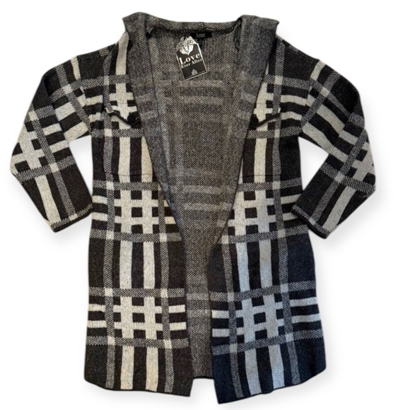 Love Ever After Sweaters - 🆕 Love Ever After Long Black & Gray Plaid Open Sweater with Hood